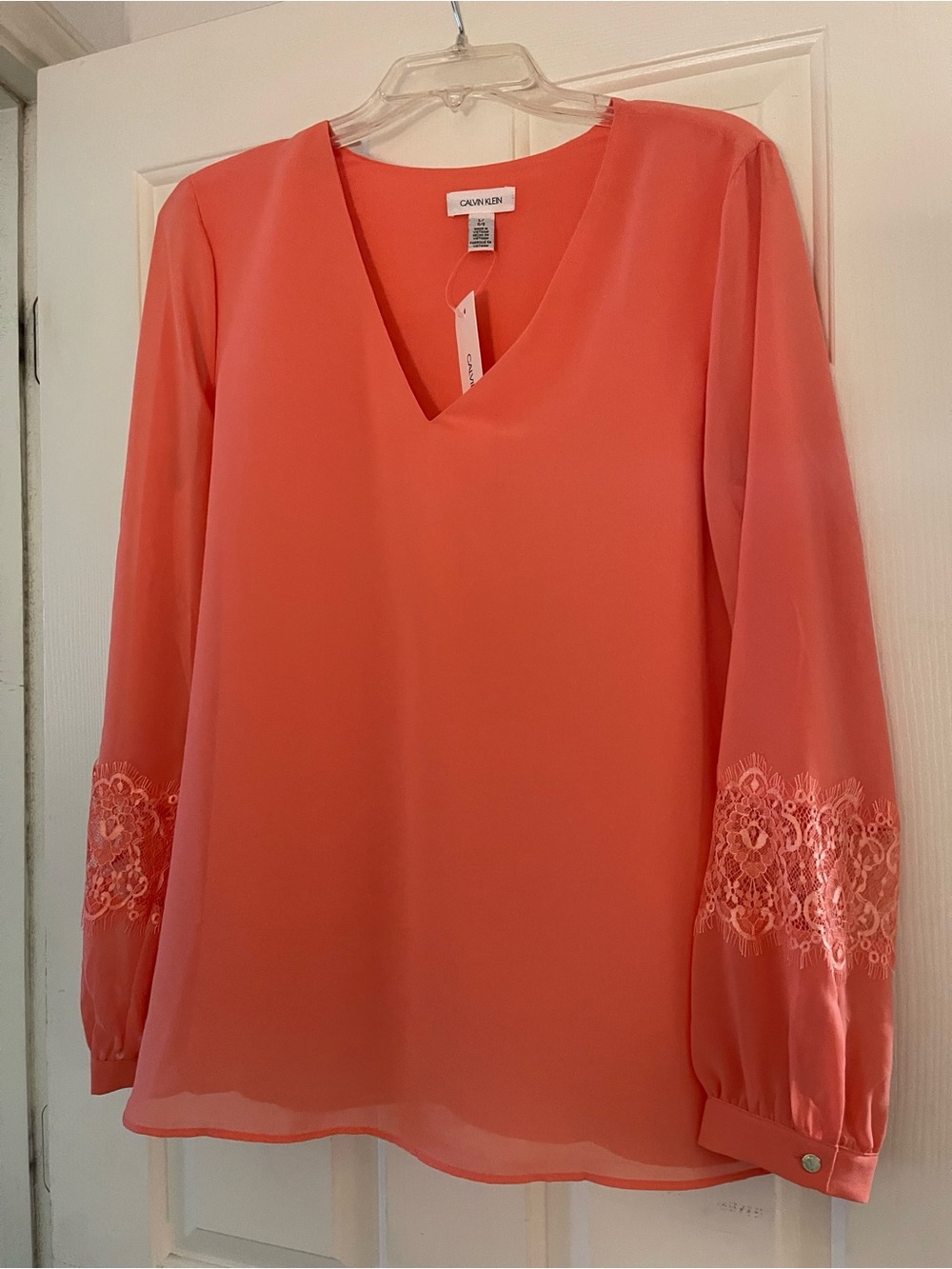 NWT Calvin Klein Coral V-Neck Lace-Sleeve Blouse